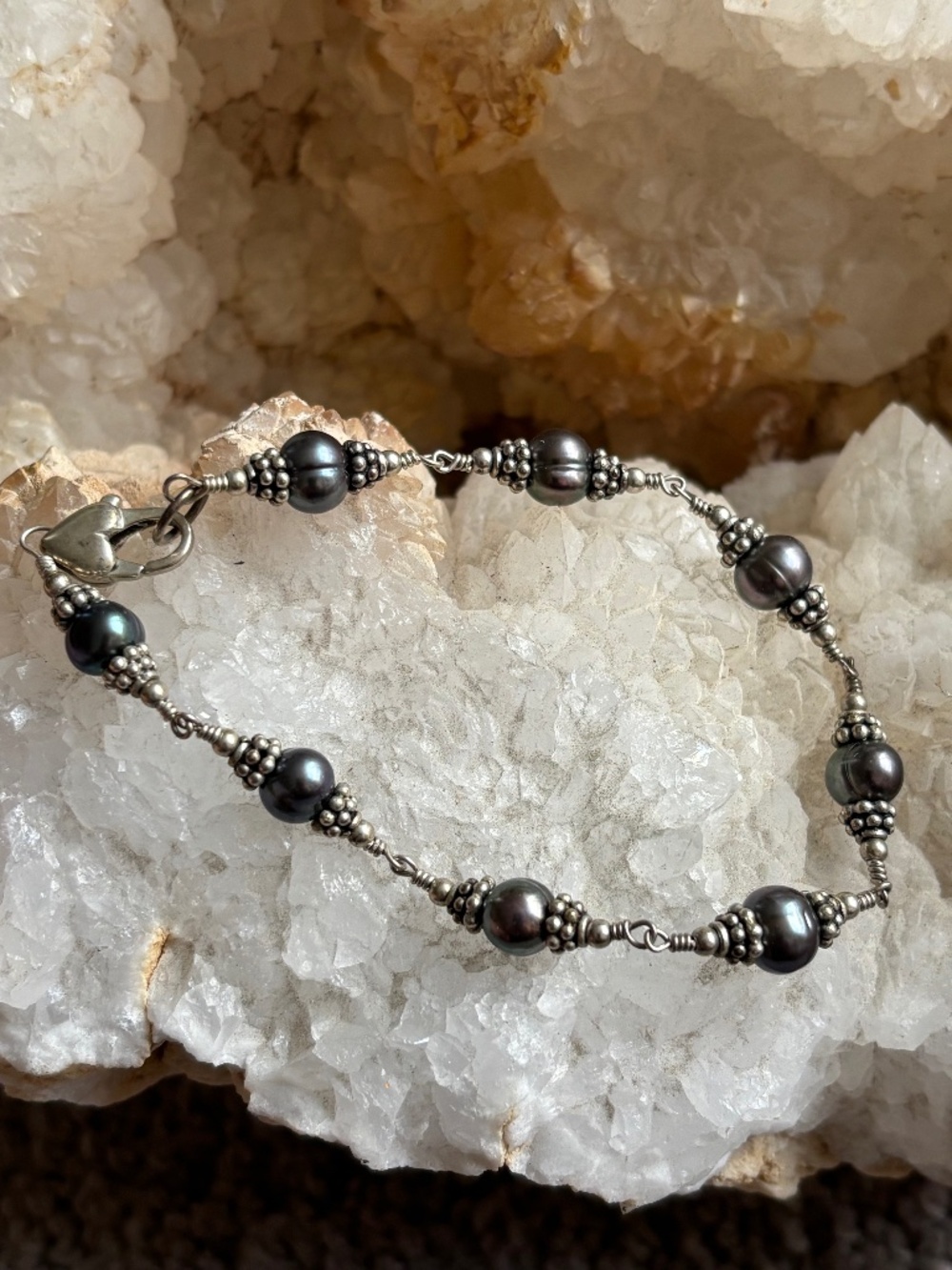 NWOT Handmade Sterling Silver Peacock Pearl Link Bracelet 7.75"